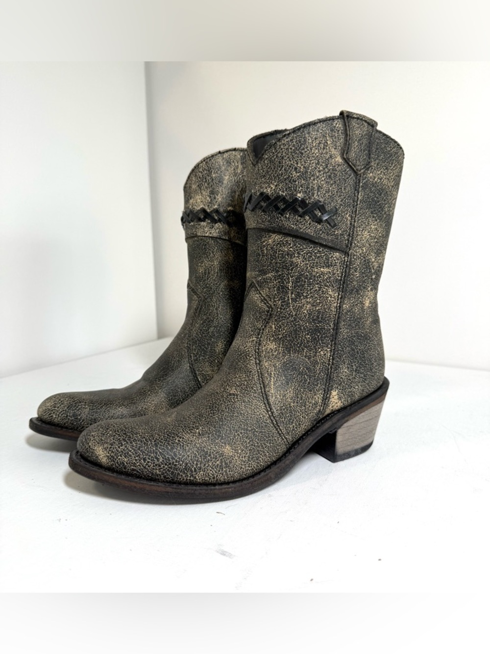 Old West Girl's Distressed Leather Charcoal Cross Stitch Cowgirl Boots Size 2.5